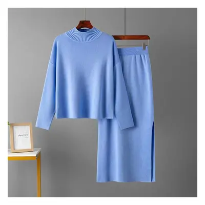 (light blue, One Size) Women&apos;s Autumn Loose Fashion Two Piece Set Sweater Solid Color All M