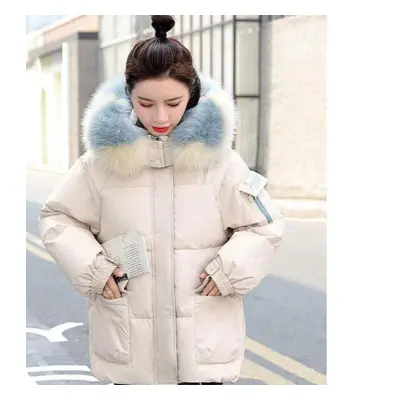 (beige, XXL) Korean Loose Women Winter Thicken Bread Jacket Patchwork Wide-waisted Young Style S