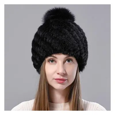 (black, 55-59cm) Natural Mink Fur Hats Women Knitted Beanies Woolen Lining Fox Fur Pompom Warm F