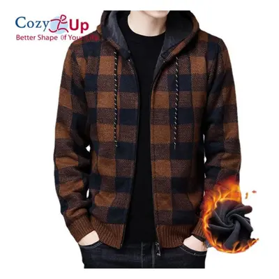 (yellow, L) Cozy Up Men&apos;s Sweater Coat Autumn Winter Thick Warm Hooded Plaid Wool Sweater C