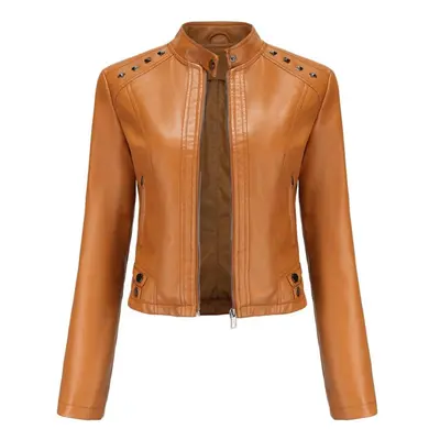 (camel, M) Women Faux Leather Jacket Cropped Zip Up Motorcycle Short Pu Moto Biker Outwear Fitte