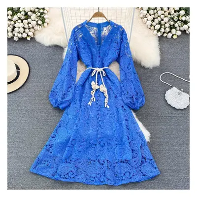 (blue, M) Rugod Spring Retro Palace Style V-neck Crocheted Hollow Waist Lace Dress Seaside Holid