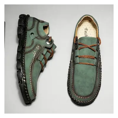 (green, 38) Men&apos;s Moccasins Handmade Rubber Soft Sole Non-slip Casual Leather Shoes