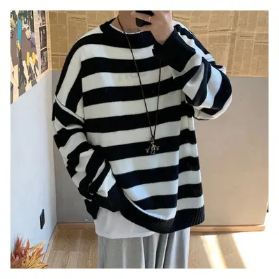 (black,white, M) New Autumn Winter Casual Loose Sweater Pullovers Striped Jumper Warm Sweaters