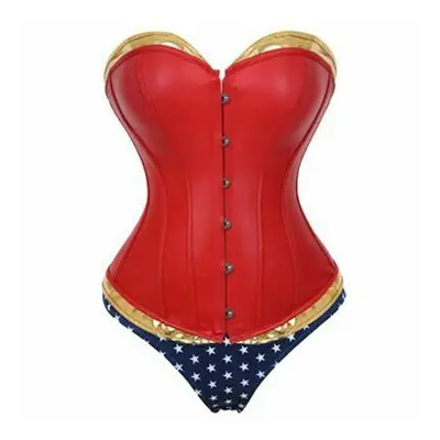 (Red, S) Wonder Woman Faux Leather Corset Costume With Blue Pants Cosplay Superhero