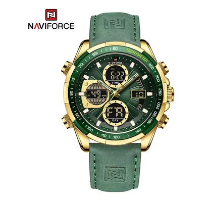 (Gold Green) Mens Leather Military Sport Waterproof Watch Quartz Chronograph Wristwatch