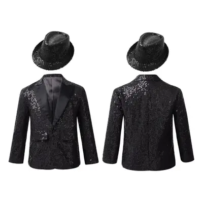 (black, 12) Kids Shiny Hip Hop Jazz Street Dance Tuxedo Jacket Boys Sequins Button Down Lapel Co