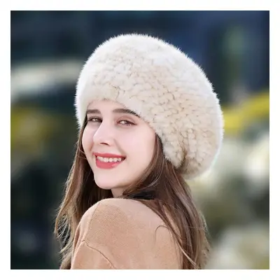 (beige, one size) Fashion Mink Fur Hat Winter Knitted Beret