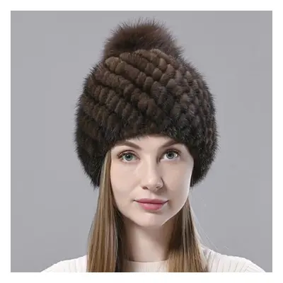 (brown, One Size) Natural Mink Fur Hats Women Knitted Beanies Woolen Lining Fox Fur Pompom Warm 