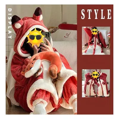 (L night-robe pants, as the picture) Animal Cat Onesie Women Men Pajamas Hooded Robe Warm Soft S