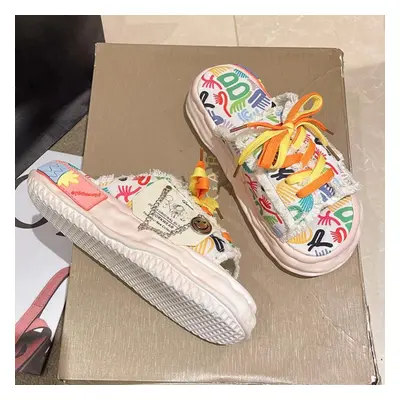 (white, 36) Fashion Design Summer Women Graffiti Slippers Platform Shoes Mules Flip Flops Street