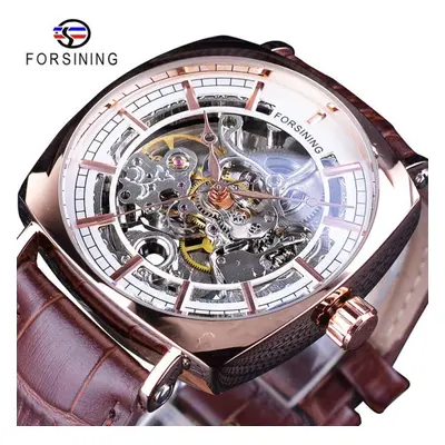 (white) Forsining Leather Strip Luxury Gold Clock Transparent Skeleton Men Automatic Mechanical 