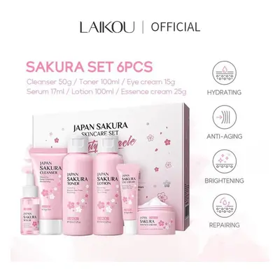 (6pcs/Box) Laikou Sakura Face Wash Serum 6pcs/set Skin Care Gift Box Brighten Skin Tone Moisturi