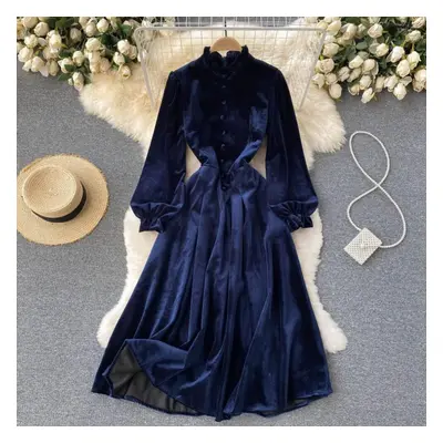 (blue, XL) High Quality Autumn Winter Women Vintage Palace Velvet Party Dress Fashion Stand Coll