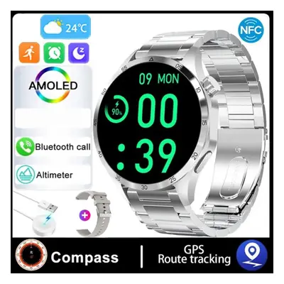 (silver, Silicone band + steel) Smart Watch Men Watch Pro Amoled Hd Screen Bluetooth Call Nfc He