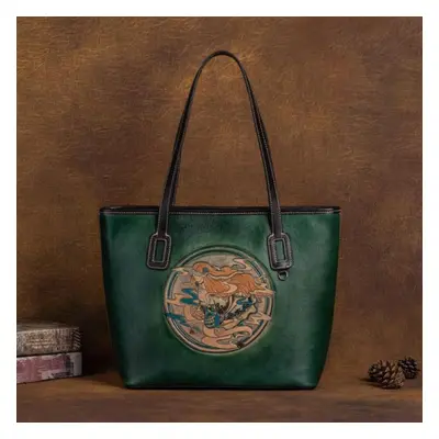 (green, 38*28.5*12cm) Totem Embossing Vintage Design Women Handbags Genuine Leather Shoulder Bag