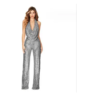 (grey, 3XL) Women&apos;s Sexy Backless Sequin Jumpsuit Slim Fitting Sleeveless Jumpsuit