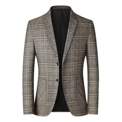 (coffee, L) Spring Autumn Blazers Men Slim Fit British Plaid Formal Suit Jacket Party Wedding Bu