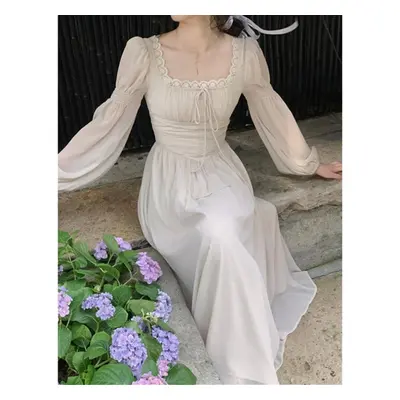 (beige, L) Square Collar Midi Dress For Women Vintage Lantern Sleeve Women Dress Chic Casual Lac