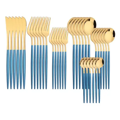 (blue,gold) 36pcs Gold Dinnerware Cutlery Set Knife Dessert Fork Coffee Spoon Tableware Western 