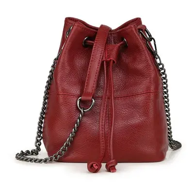 (red) Fashion Designer Genuine Leather Bucket Handbag Tote Drawstring Bag For Women Soft Shoulde