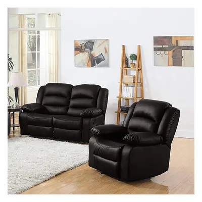 (1 Seat Chair + Seater Sofa) Black Recliner Sofa Leather bonded Reclining Lazyboy Sofa Suite Sof