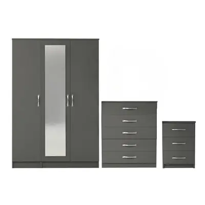 Ready assembled Pcs Classic Door Mirrored Wardrobe, Chest And Bedside Set Grey