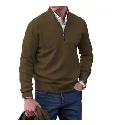 (Dark Brown, XL) Zip Jumper Pullover Mens Knitted Sweater Turtleneck Streetwear