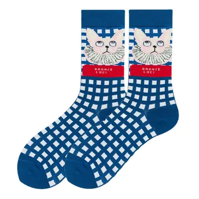 (Blue) Unisex Japan Style Creative Illustration Patchwork Color Cute Couple Tube Socks