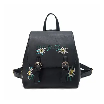 (Black) Floral Women Leather Backpack Embroidery School Vintage Bag