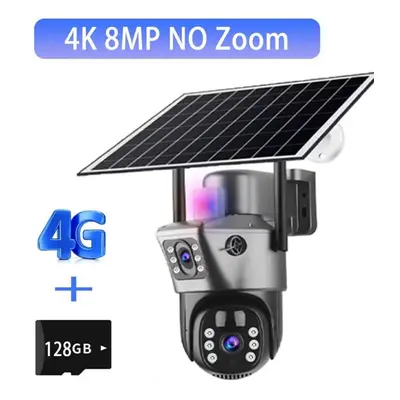 (4K No Zoom Add 128G) Solar Camera 4g Sim Card Outdoor Surveillance 6k Three Lens Digital Zoom W