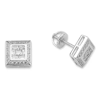 Jewelco London Ladies Sterling Silver Baguette Cubic Zirconia Screw-back Cluster Stud Earrings -