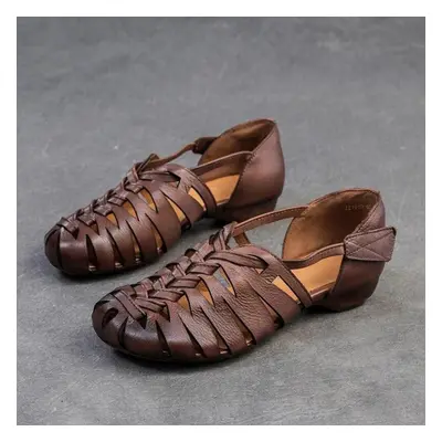 (coffee, 40) Johnature Genuine Leather Hollow Breathable Sandals Comfortable And Versatile Retro