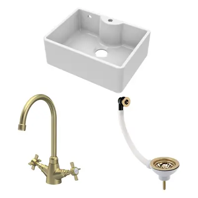 Fireclay Kitchen Bundle - Single Bowl Butler Sink with Overflow, Tap Hole, Waste & Mono Tap, 595