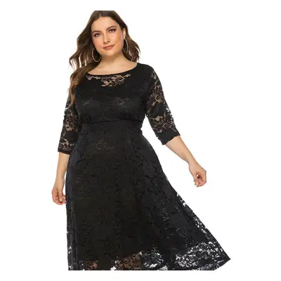 (black, XL) Plus Size Xl-6xl New Fashion Popular Evening Dress Medium Length Hollow Lace Women D