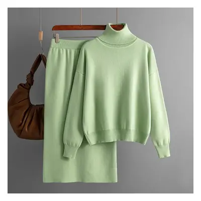 (green, One Size) Autumn And Winter Women&apos;s Knitted Sweater Set Solid Color High Neck Long 