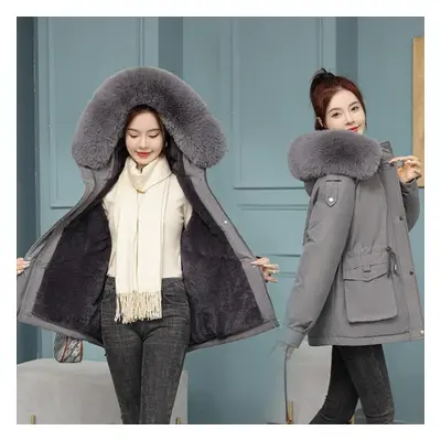 (gray, L) Women Autumn Winter Solid Color Long Sleeve Drawstring Fur Collar Pockect Warm Coat Ja