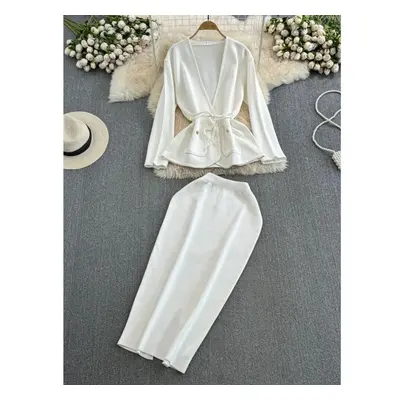 (white, One Size) Elegant Small Fragrance Style Long Sleeve V-neck Sashes Knit Cardigans + High 