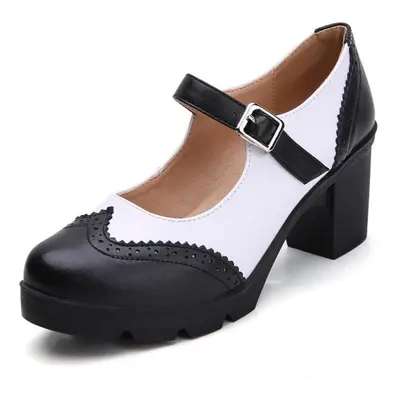 (black,white, 35) Women Mary Jane Pumps Genuine Leather Sheepskin High Heels Elegant Retro Squar