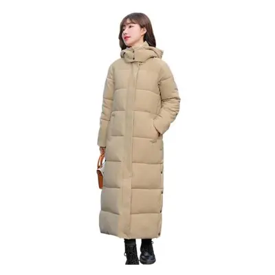 (khaki, XXL) Women Cotton Coat Hooded Long Sleeve Pockets Side Slit Hem Down Jacket Solid Color 