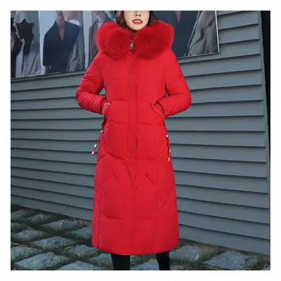 (red, M) New Snow Wear Coat Parkas Winter Jacket Women Hooded Fur Collar Parka Thick Warm Female