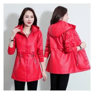 (red, XL) Women &apos;s Leather Jacket Mid -length Coat Casual Leather Jacket