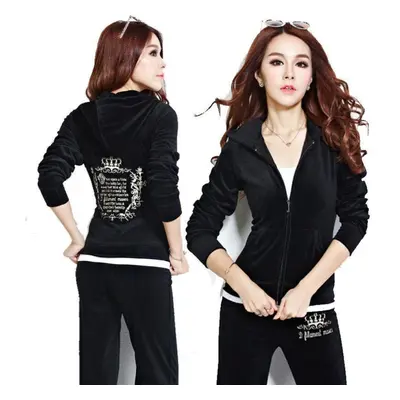 (black, S) Slim Velvet Tracksuit Women Hooded Zip Korean Casual Basic Two Piece Set Tops And Pan