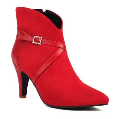 (red, 42) Women Ankle Boots Pointed Toe Thick High Heels Zipper Buckle Short Boots Ladies Fashio