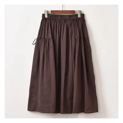 (coffee, One Size) Johnature Women High Waist Ramie Skirts Solid Color Belt Elastic Waist Summer