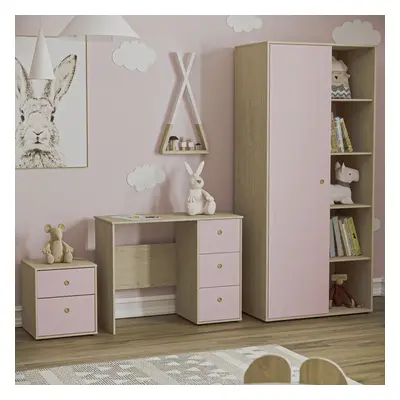 (Pink & Oak) Neptune Piece Bedroom Set Bedside Desk Wardrobe