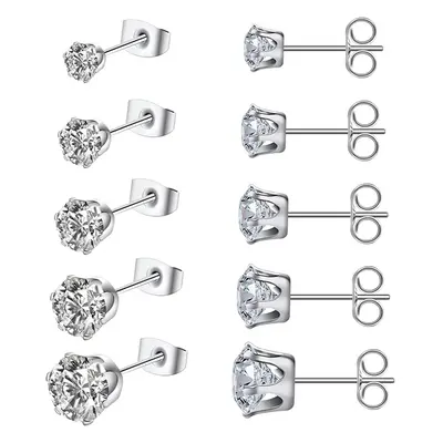 6 Pairs Silver Stud Earrings Set Sterling Silver Clear Cubic Zirconia Stud Earrings Set, Hypoall