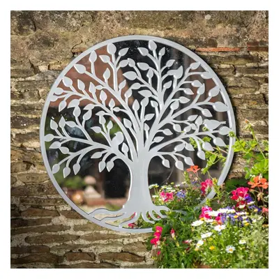 (Tree of Life Garden Wall Mirror - Grey - Ideal Memorial with Robins) Tree of Life Outdoor Garde