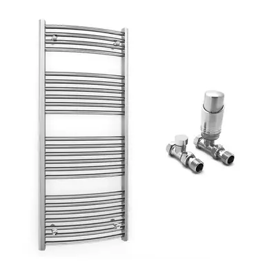 (550 x mm (BTU: 1448), With TRV Straight Valves) 550mm Wide Chrome Curved Towel Rail Radiator Wi