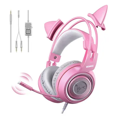 SOMIC G951S Pink Gaming Headset with Mic for Xbox One, PS5, PS4, PC, Removeable Cat Ear Headphon